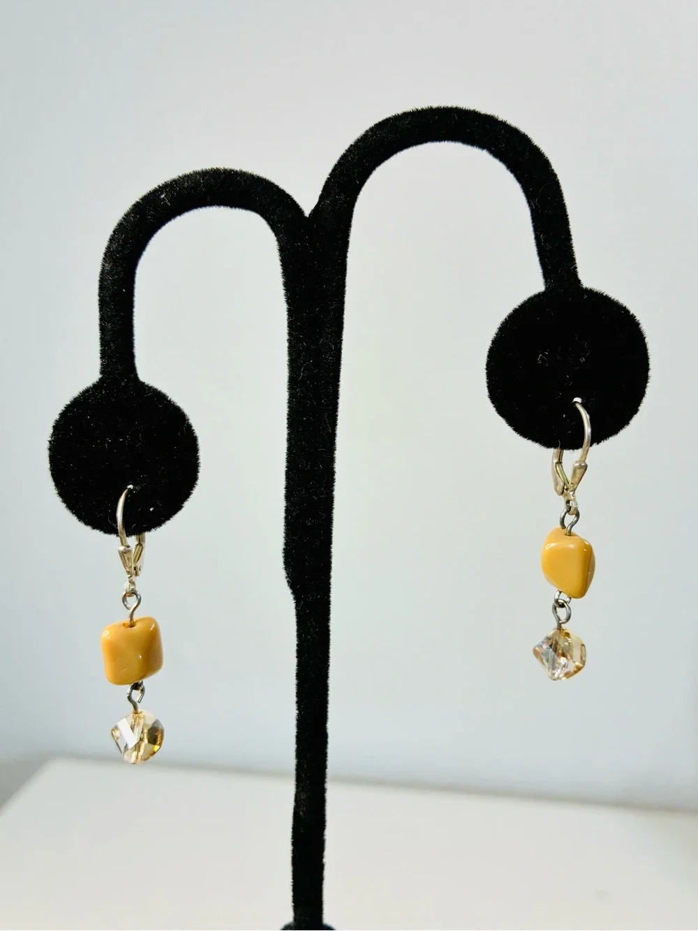 925 Lever-back Caramel Gemstone Bead Drop Earrings with Champagne Crystal Accent